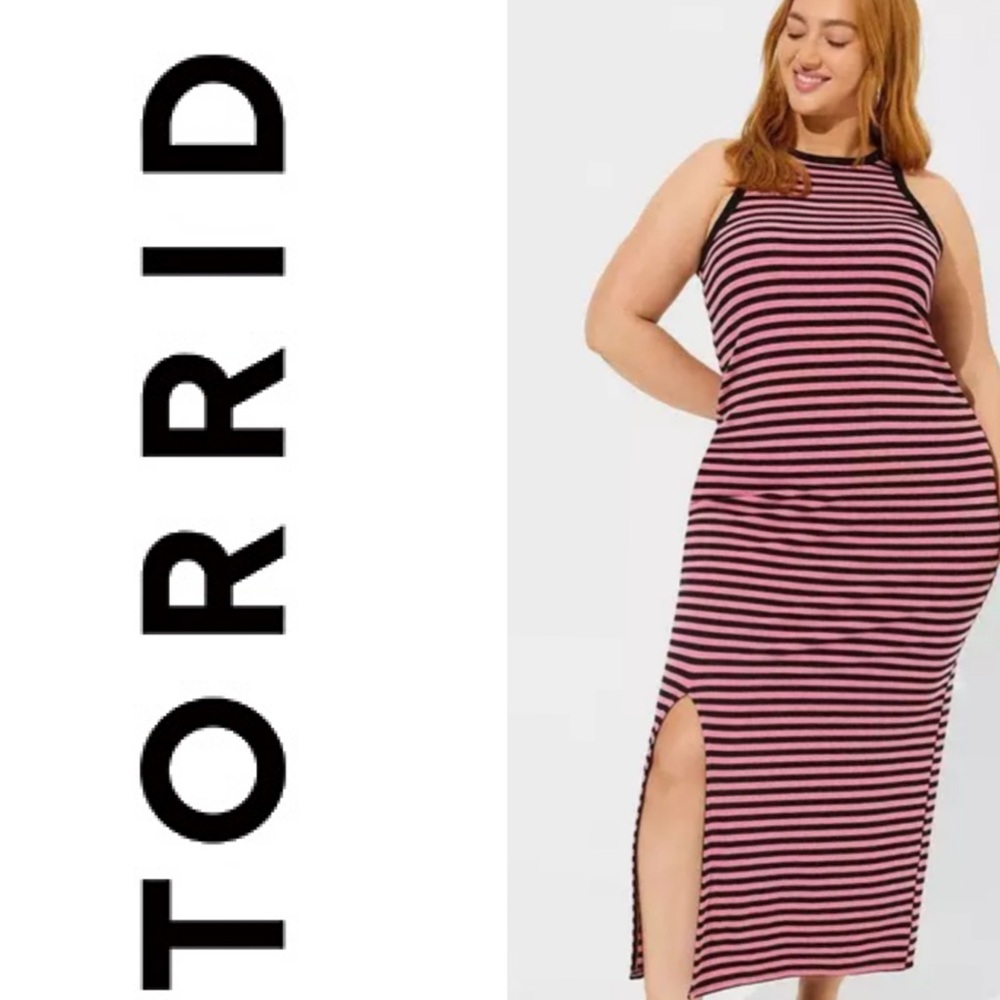 TORRID Maxi Rib Bodycon Slip Dress Dyed Stripes Chateau Rose Size 1X